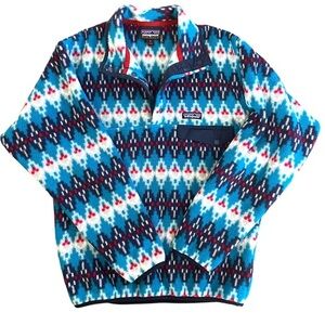 Patagonia Men's Small Synchilla Canyon Big Sisu Blue Red Aztec Fleece Pullover